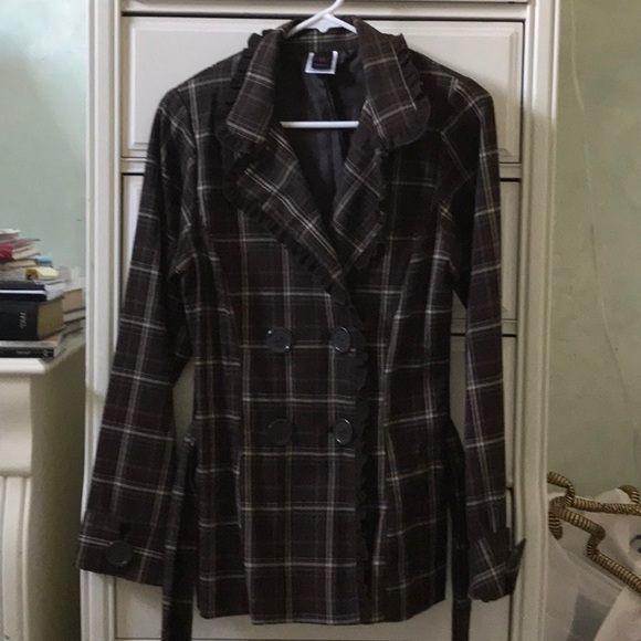 Brown Plaid Light Weight Jacket Poly Rayon Spandex - Picture 2 of 7